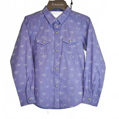 Ariat Kids' Girl's Western Motifs Print Pearl Snap Long Sleeve Western Shirt In Lavender In Purple