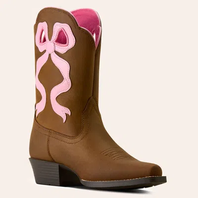 Ariat Girls' Lil Beaux Brown Bow Stitched Snip Toe Cowboy Boots In Pink
