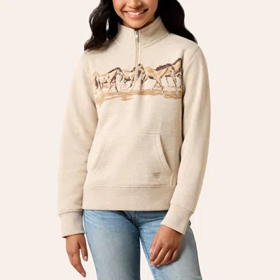 Ariat Girls' Running Wild Oatmeal Heather Graphic Quarter Zip Sweatshirt In Gray