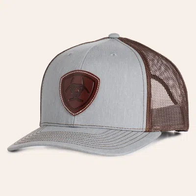 Ariat Gray & Brown Leather Shield Patch Curved Bill Cap