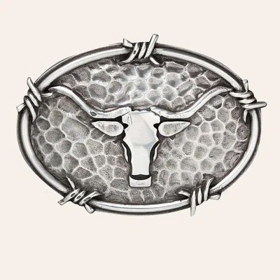 Ariat Hammered Silver Longhorn Head & Barbed Wire Oval Belt Buckle In Metallic