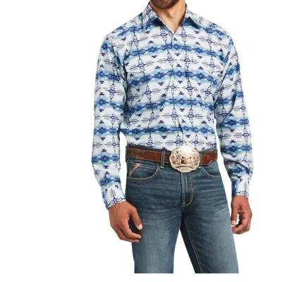 Ariat Ivan L/sleeve Classic Snap Shirt In White With Blue Aztec Print