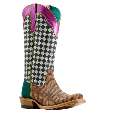 Pre-owned Ariat Ladies Futurity Checkered Hashtag Western Boot 10051022 In Black, White, Pink