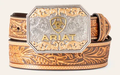 Ariat Men's 3 Metal Etched Buckle & Brown Genuine Leather Tooled Belt