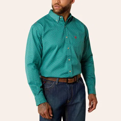 Ariat Men's Aaron Teal Geo Print Fr Long Sleeve Shirt In Blue