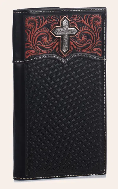 Ariat Men's Black & Cinnamon Tooled & Cross Accent Rodeo Wallet In Brown