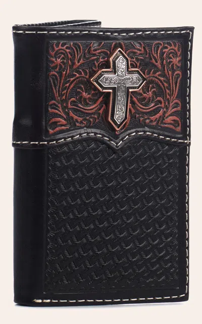 Ariat Men's Black & Cinnamon Tooled & Cross Accent Tri-fold Wallet In Brown