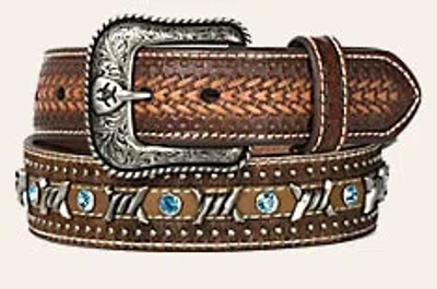 Ariat Men's Brown Barbed Wire And Calf Hair With Light Blue Studs Western Belt