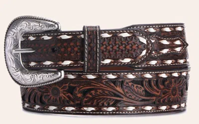 Ariat Men's Brown Floral Tooling And White Lacing Tapered Western Belt