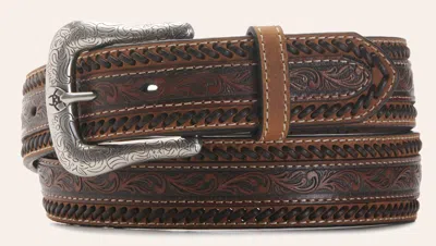 Ariat Men's Brown Leather Floral Tooled Stitched Western Belt