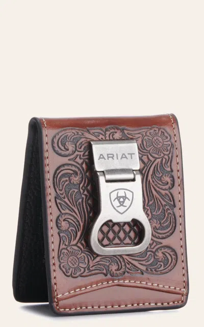 Ariat Men's Brown With Basketweave Tooling Bi-fold Money Clip/bottle Opener Wallet