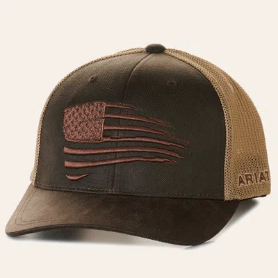Ariat Men's Brown With Tan Mesh Embroidered Flag On Oilskin Cap