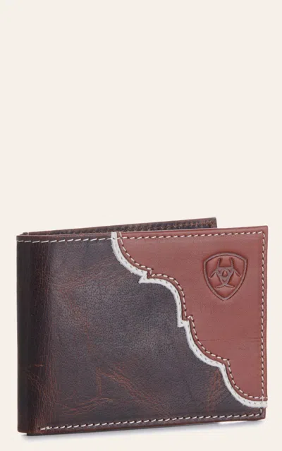 Ariat Men's Brown With Tan Overlay And Embossed Shield Logo Bifold Wallet