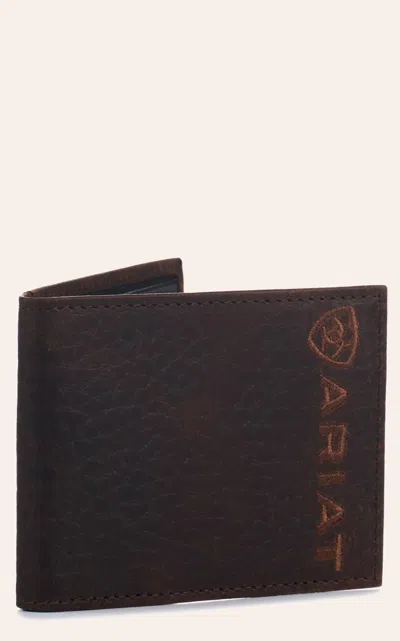 Ariat Men's Chocolate Bullhide & Shield Logo Bi-fold Wallet In Brown