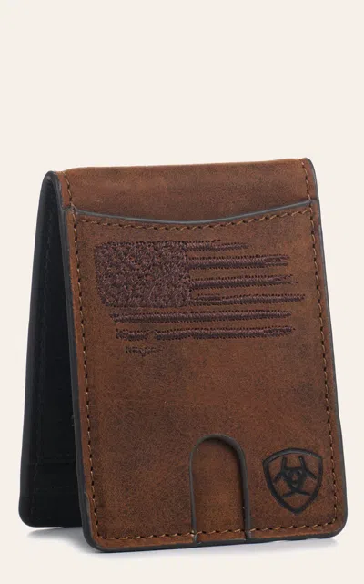 Ariat Men's Chocolate Flag & Shield Logo Bifold Money Clip In Multi