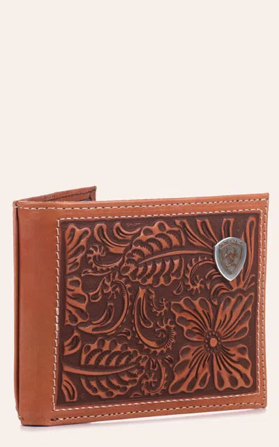 Ariat Men's Cinnamon Floral Tooled Bi-fold Wallet In Brown