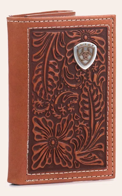Ariat Men's Cinnamon Floral Tooled Tri-fold Wallet In Brown