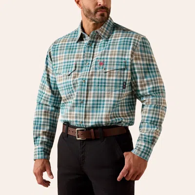 Ariat Men's Cobb Green Plaid Print Fr Long Sleeve Pearl Snap Western Shirt In Blue