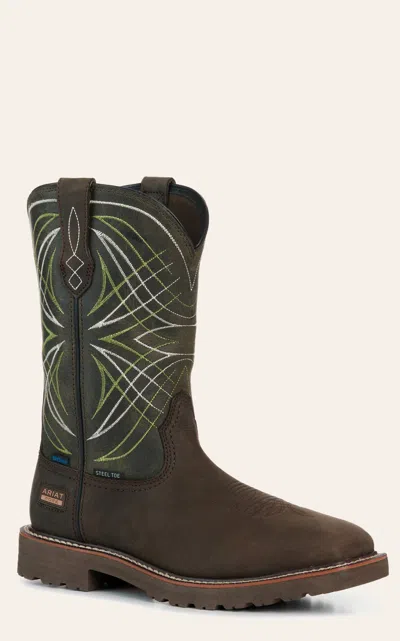 Ariat Men's Dark Brown And Moss Green Activator Waterproof Wide Square Steel Toe Work Boots