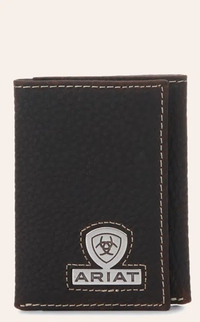 Ariat Men's Dark Brown Grain Leather With Silver Logo Tri-fold Wallet