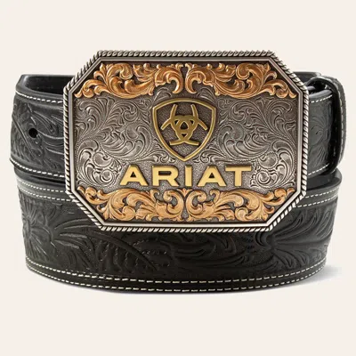 Ariat Men's Etched Buckle & Black Genuine Leather Tooled Belt