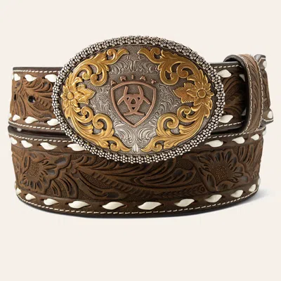 Ariat Men's Etched Oval Buckle Leather Floral Tooled Belt In Brown