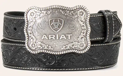 Ariat Men's Etched Silver Buckle & Black Genuine Leather Floral Tooled Belt