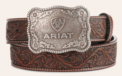 Ariat Men's Etched Silver Buckle & Brown Genuine Leather Floral Tooled Belt