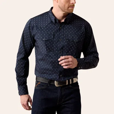 Ariat Men's Everything Navy Geo Print Long Sleeve Pearl Snap Western Shirt In Blue