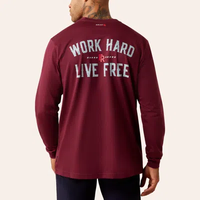 Ariat Men's Fr Work Hard Live Free Burgundy Graphic Long Sleeve T-shirt In Red