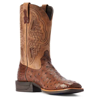 Pre-owned Ariat Men's Full-quill Ostrich Exotic Western Boot Wide Square Toe-10042475 In Brown