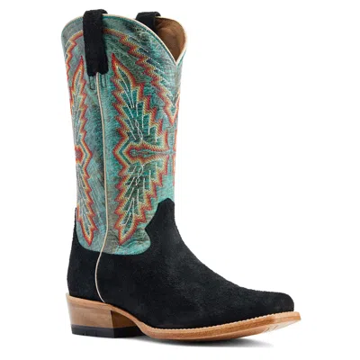 Pre-owned Ariat ® Men's Futurity Showman Black Roughout & Roaring Turquoise Western Boots In Blue