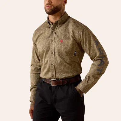 Ariat Men's Gehrig Khaki Paisley Print Fr Long Sleeve Shirt In Green