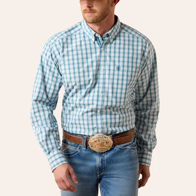 Ariat Men's John Teal & White Plaid Print Long Sleeve Shirt In Blue