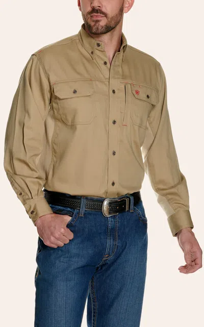 Ariat Men's Khaki Solid Vent Fr Work Shirt In Brown