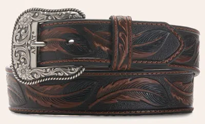 Ariat Men's Leather Feather With Tooled Sliver Buckle Western Belt In Brown