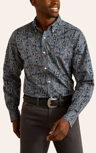 Ariat Men's Navy Paisley Print Wrinkle Free Western Shirt In Multi