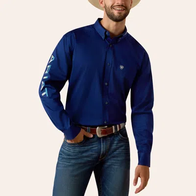 Ariat Men's Navy Team Logo Embroidered Long Sleeve Shirt In Blue
