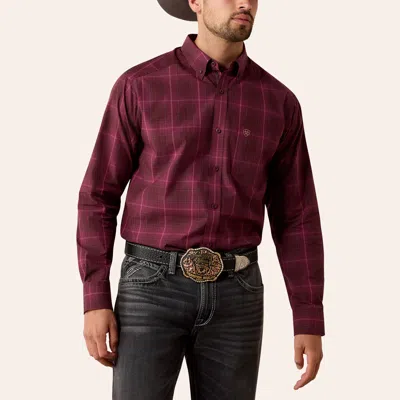 Ariat Men's Pro Series Jake Burgundy Plaid Print Long Sleeve Shirt In Brown
