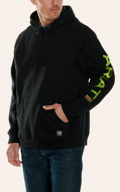 Ariat Men's Rebar 10 oz All Weather Black With Lime Green Logo Work Hoodie In Multi