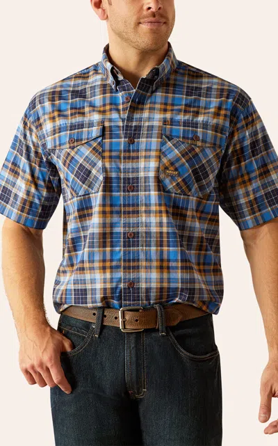 Ariat Men's Rebar Durastretch Blue Black & Gold Plaid Work Shirt