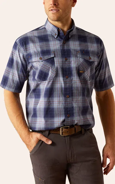 Ariat Men's Rebar Durastretch Navy & Cornflower Plaid Work Shirt In Blue