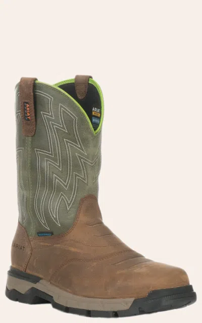 ARIAT MEN'S REBAR FLEX BROWN AND OLIVE WATERPROOF WIDE SQUARE COMPOSITE TOE WORK BOOT