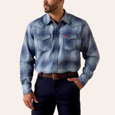 Ariat Men's Retro Blue Plaid Print Fr Long Sleeve Pearl Snap Work Shirt