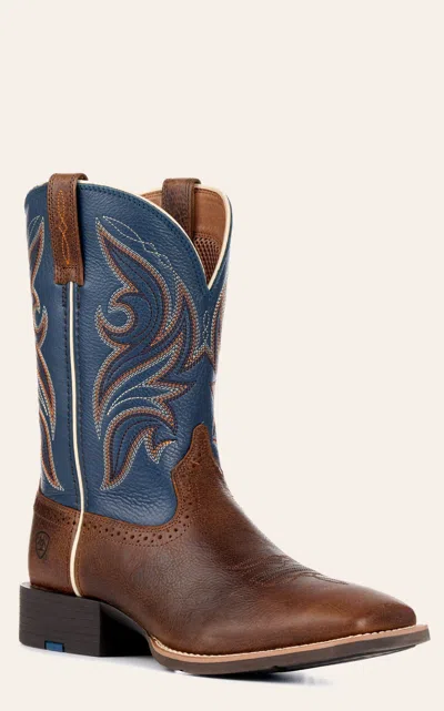 Ariat Men's Sport Knockout Dark Whiskey Brown And Sheriff Blue Wide Square Toe Cowboy Boot In Multi