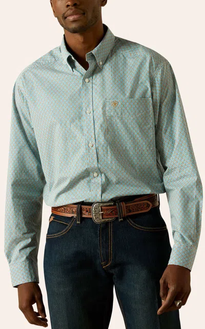 Ariat Men's Teal Orange & White Aztec Print Western Shirt In Blue