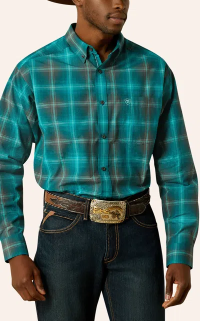 Ariat Men's Teal Plaid Print Western Shirt In Blue
