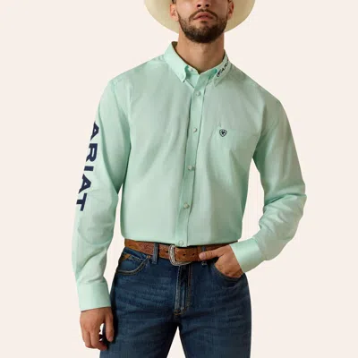 Ariat Men's Team Logo Aqua Embroidered Long Sleeve Shirt In Green