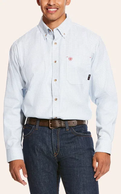Ariat Men's White Multi Twill Durastretch Long Sleeve Fr Work Shirt In Blue