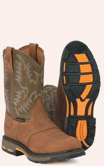 Ariat Men's Workhog Aged Bark And Army Green Round Toe Work Boots In Brown